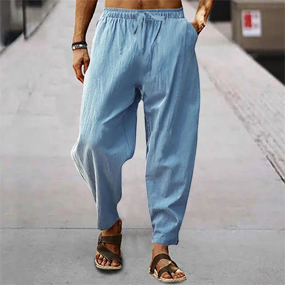 夏新メンズ通気性パンツ綿とリネン男性無地メンズ多用途 BasicTrousers ルーズフィットネス因果プラスサイズ