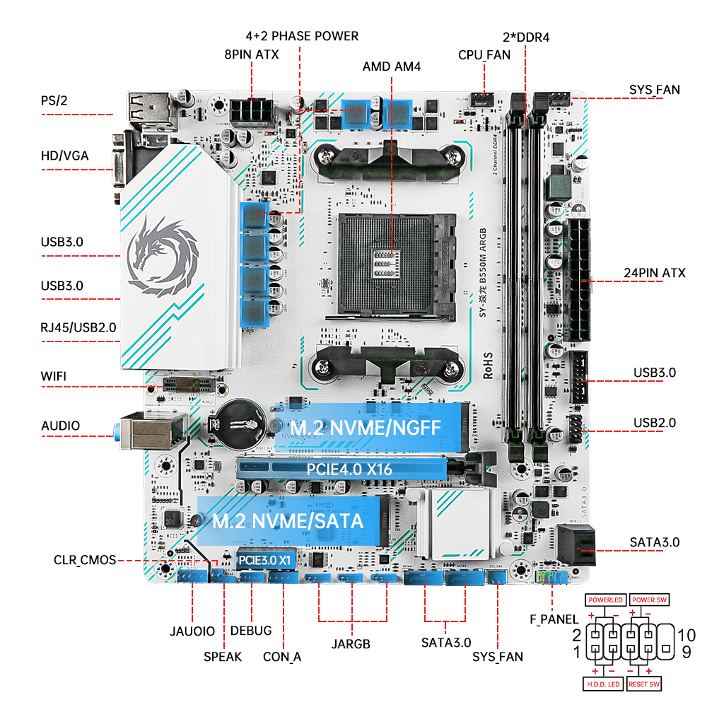 SOYO AMD Ryzen B550M ARGB DDR4 マザーボード AM4 コンピュータコンボセットオフィスデスクトップ PC ゲーム PCIE4.0*16 M.2 NVME/MGFF SATA USB3.0 24PIN 8PIN USB2.0 HD/VGA メモリ最大 64GB