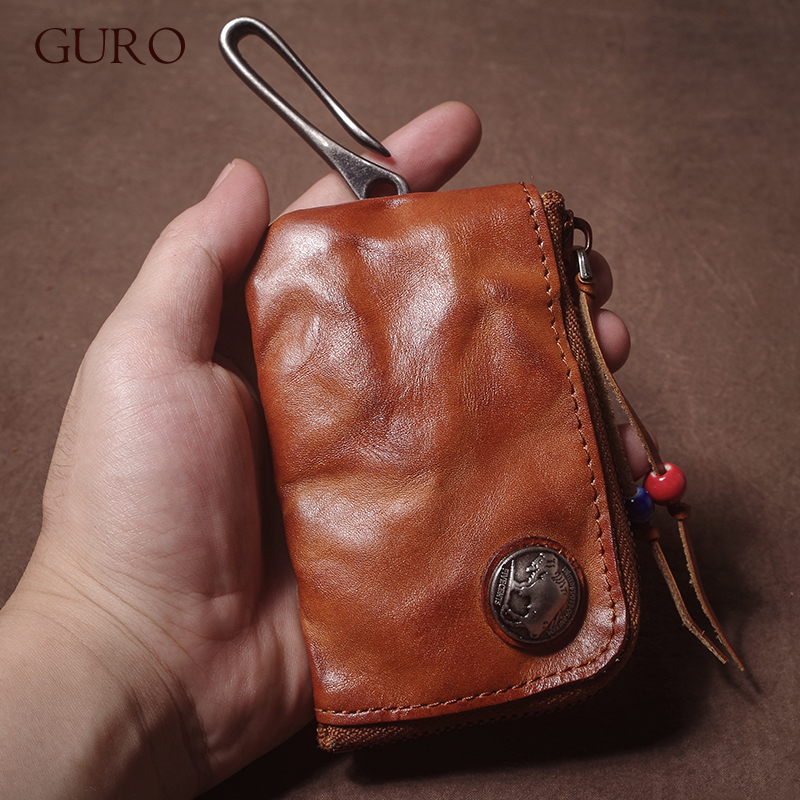 GURO 高品質本革ホームカーキーバッグレトロ男性手作りトップ牛革小銭入れ女性ジッパーミニ財布カードホルダー