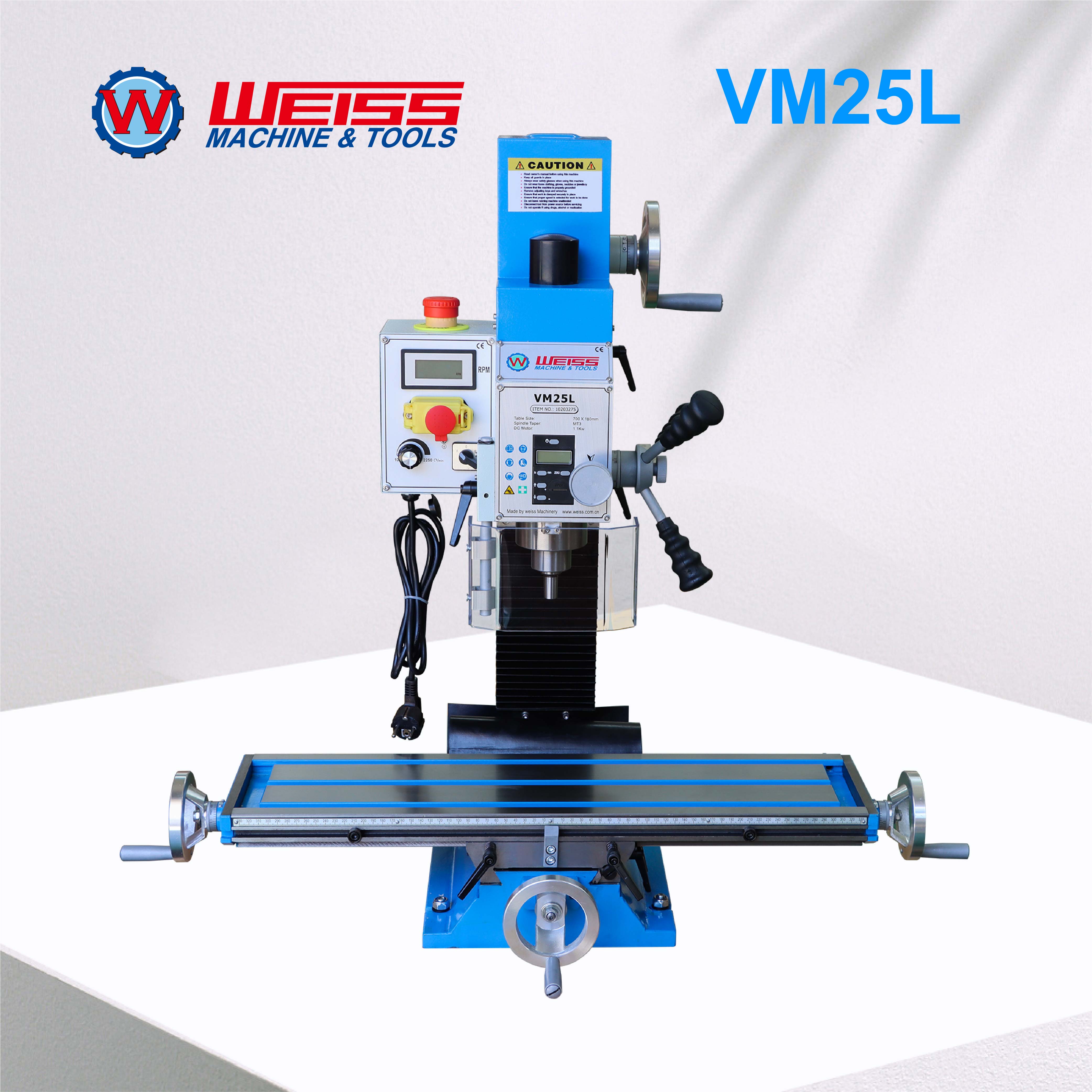 WEISS フライス盤 VM25L 1100 ワットブラシレスモーターミルドリル MT3 R8 可変速度 2250rpm 精密加工用