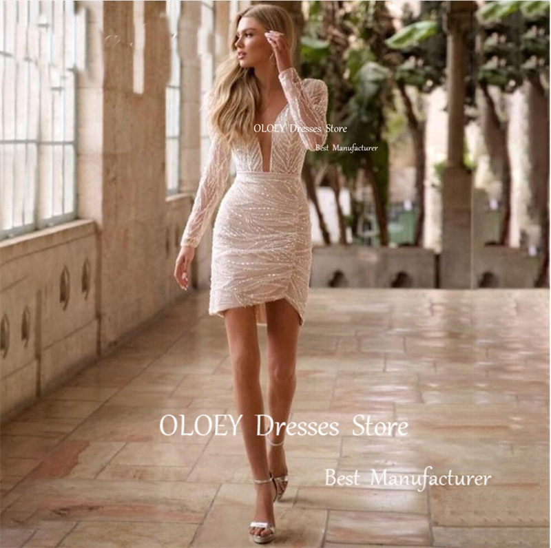 OLOEY モダンなレースのショートウェディングドレスグリッター長袖 V ネックミニ花嫁ドレスパーティーイベントブライダルドレスシックなカスタム