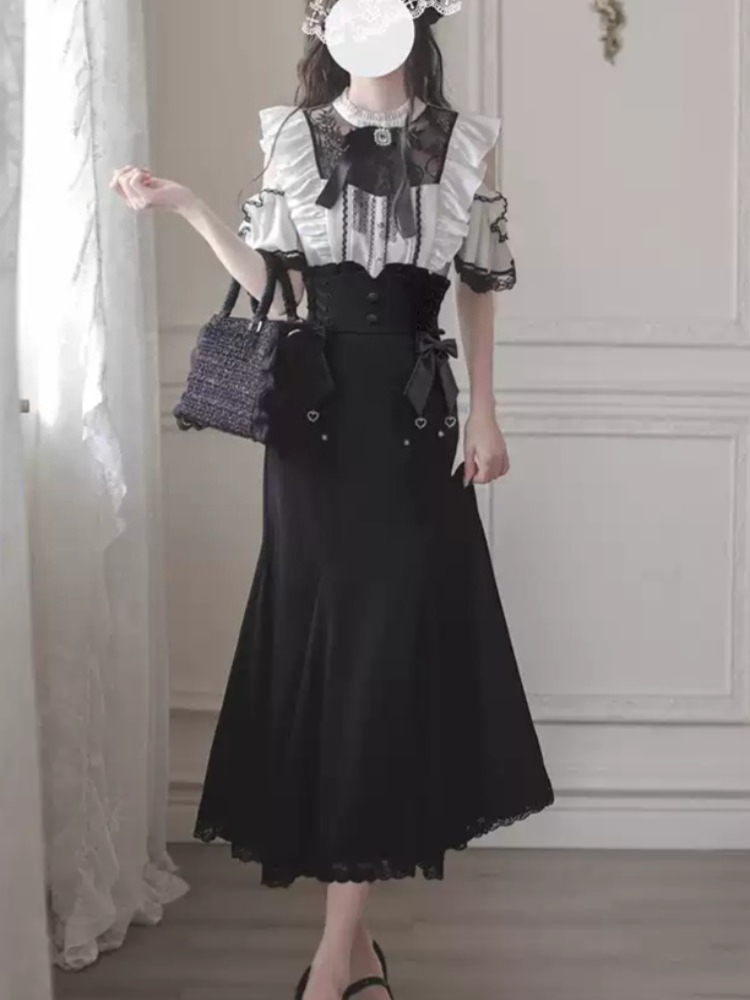 原宿ゴシックロリータ 2 ピースセット女性 Y2k スリムトップスレース黒フィッシュテールスカート日本のサブカルチャーシックでエレガントな衣装