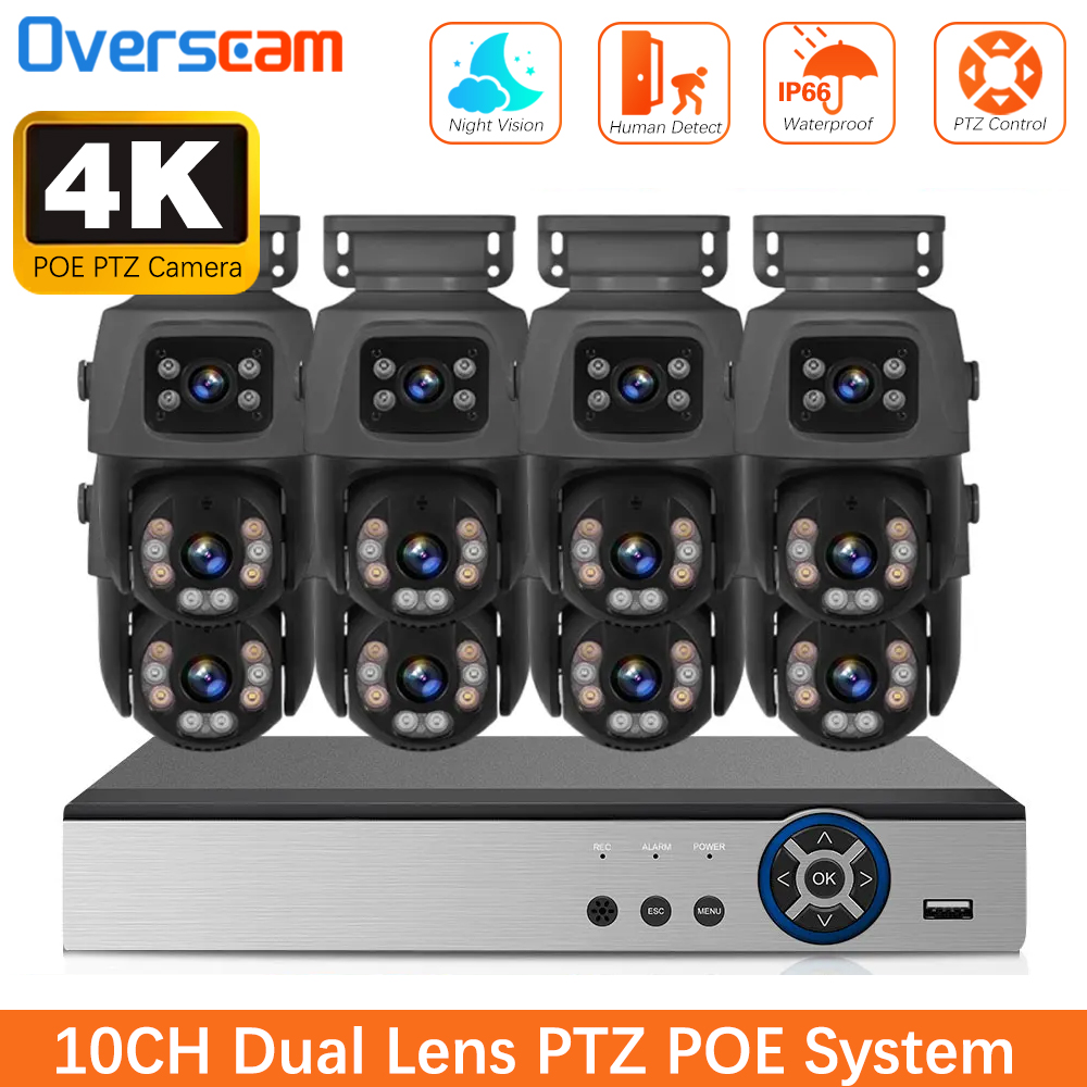 セキュリティ PTZ カメラシステムデュアルレンズ屋外カメラ 10CH 4K 8MP HD POE ホームビデオ監視 NVR キット CCTV 人体検出セット