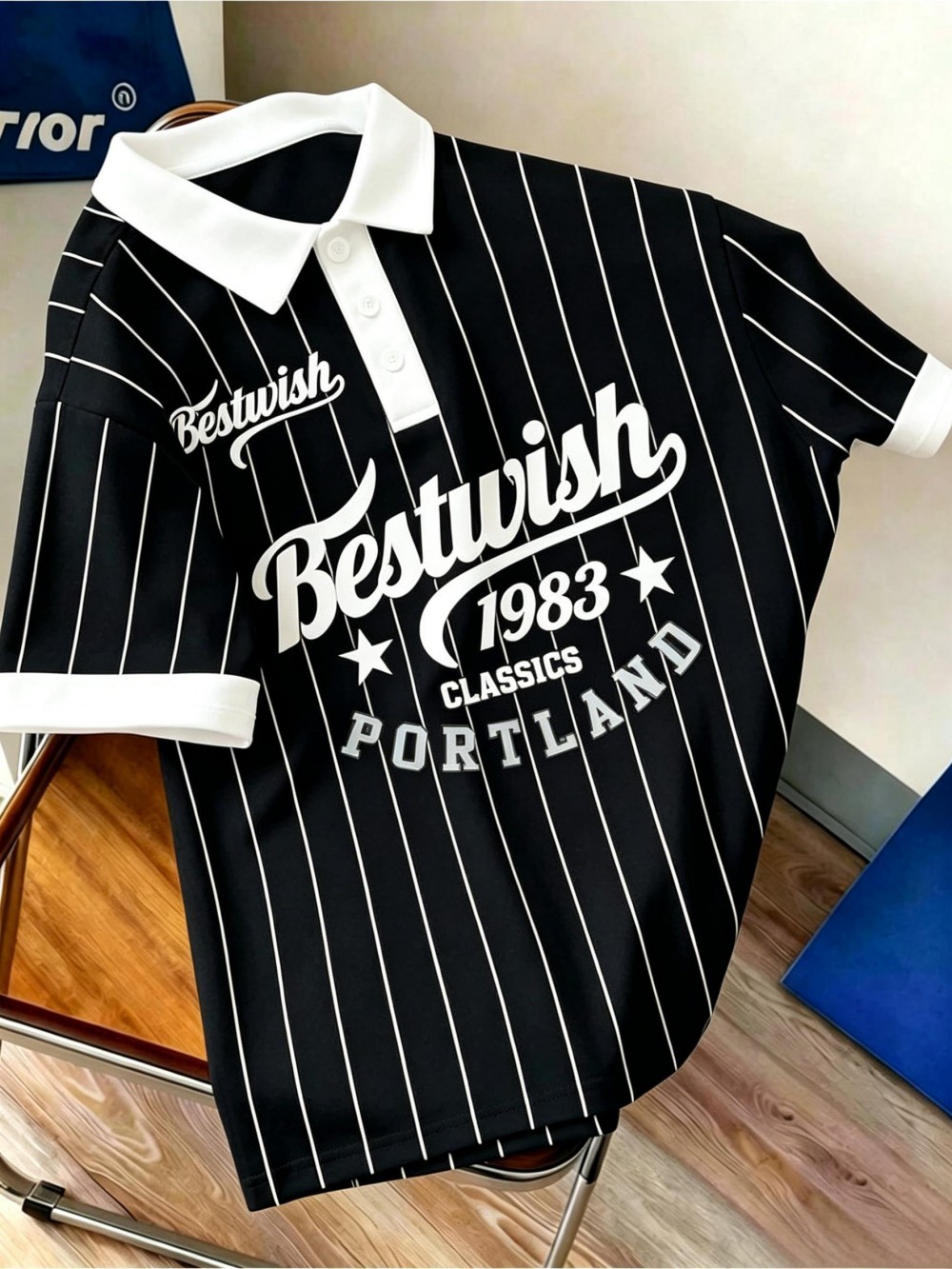 アメリカンレトロメンズ夏 1983 レターストライププリント快適な通気性ポロ半袖 Tシャツアウトドアカジュアルトップ