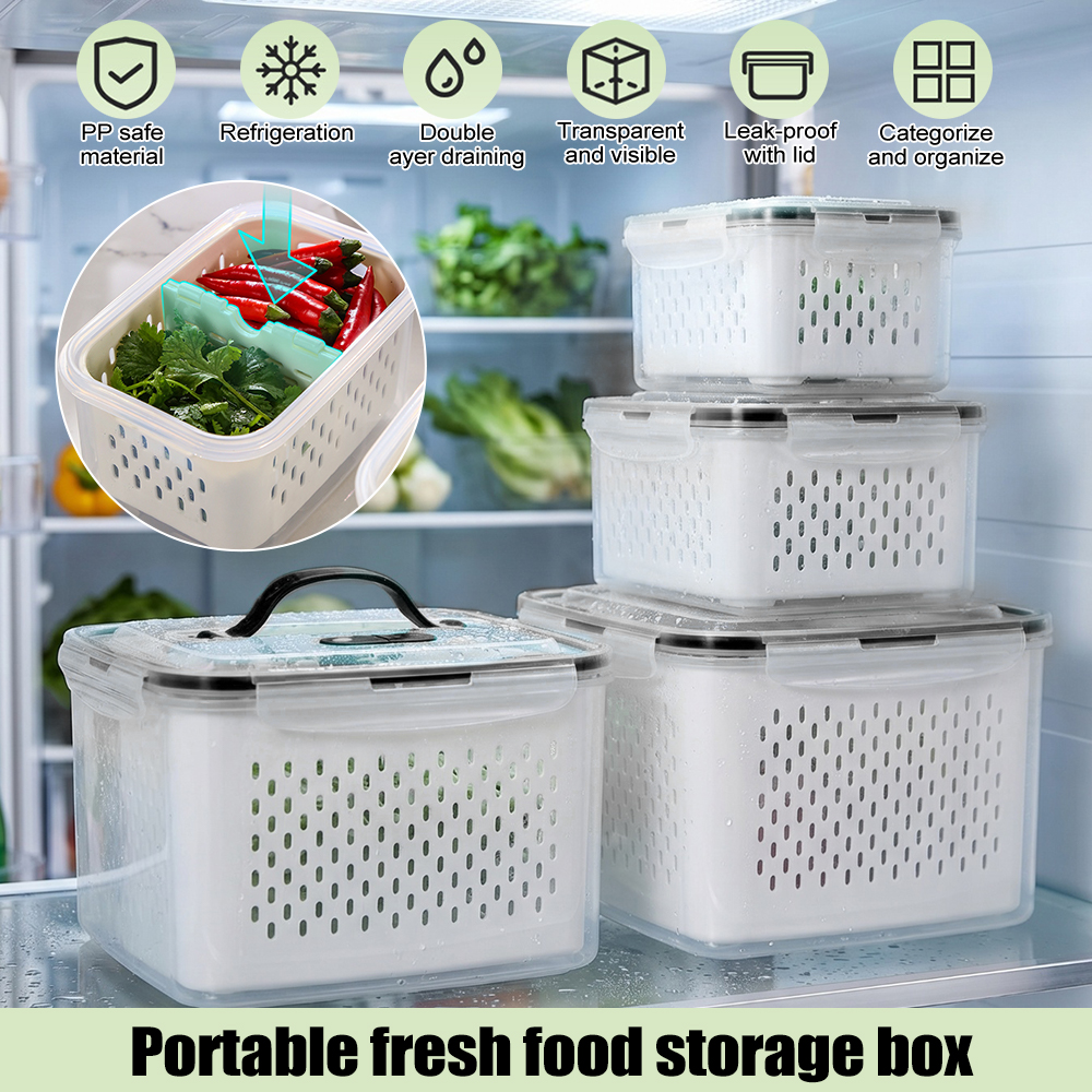 4パック 二層冷蔵庫収納オーガナイザーボックス PP漏れ防止食品容器 排水バスケット付き ポータブルハンドルディバイダー 透明野菜果物フレッシュキーパー 冷蔵庫オーガナイザービン