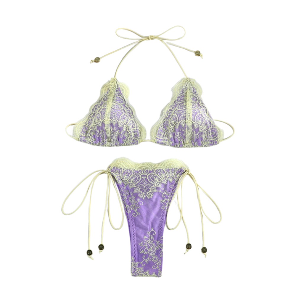 2Pcs/Set Fashion Summer Lace Bikini Set Bandage Patchwork Triangle Swimwear Casual Hollow Bathing Suit Vacation
