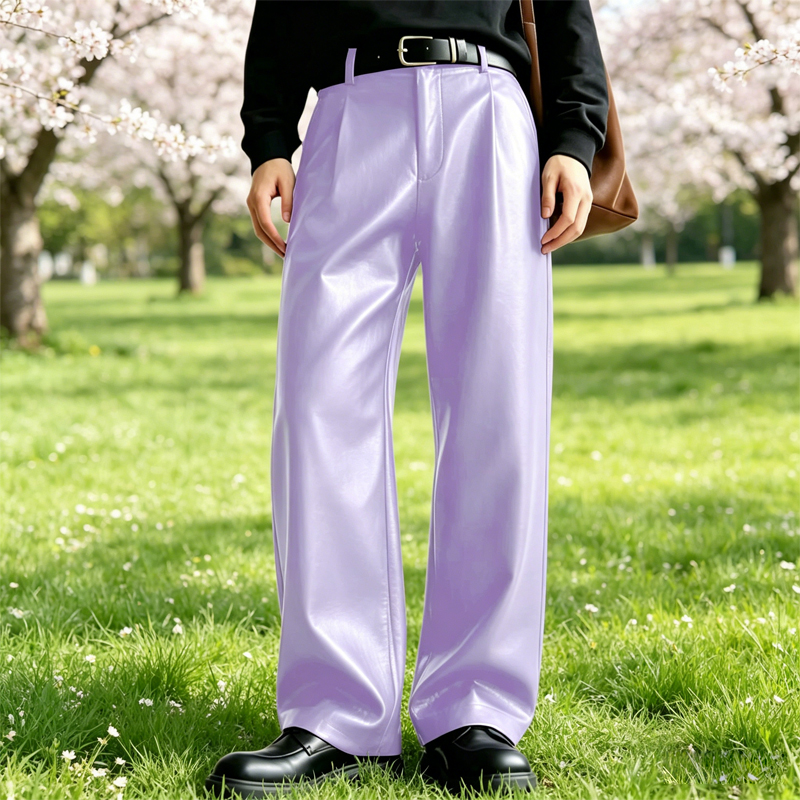 高級メンズ PU レザーパンツ ハイウエスト ルーズ ストレートレッグ ソフト 通気性 パンツ ストリート ファッション 日常着 男性用