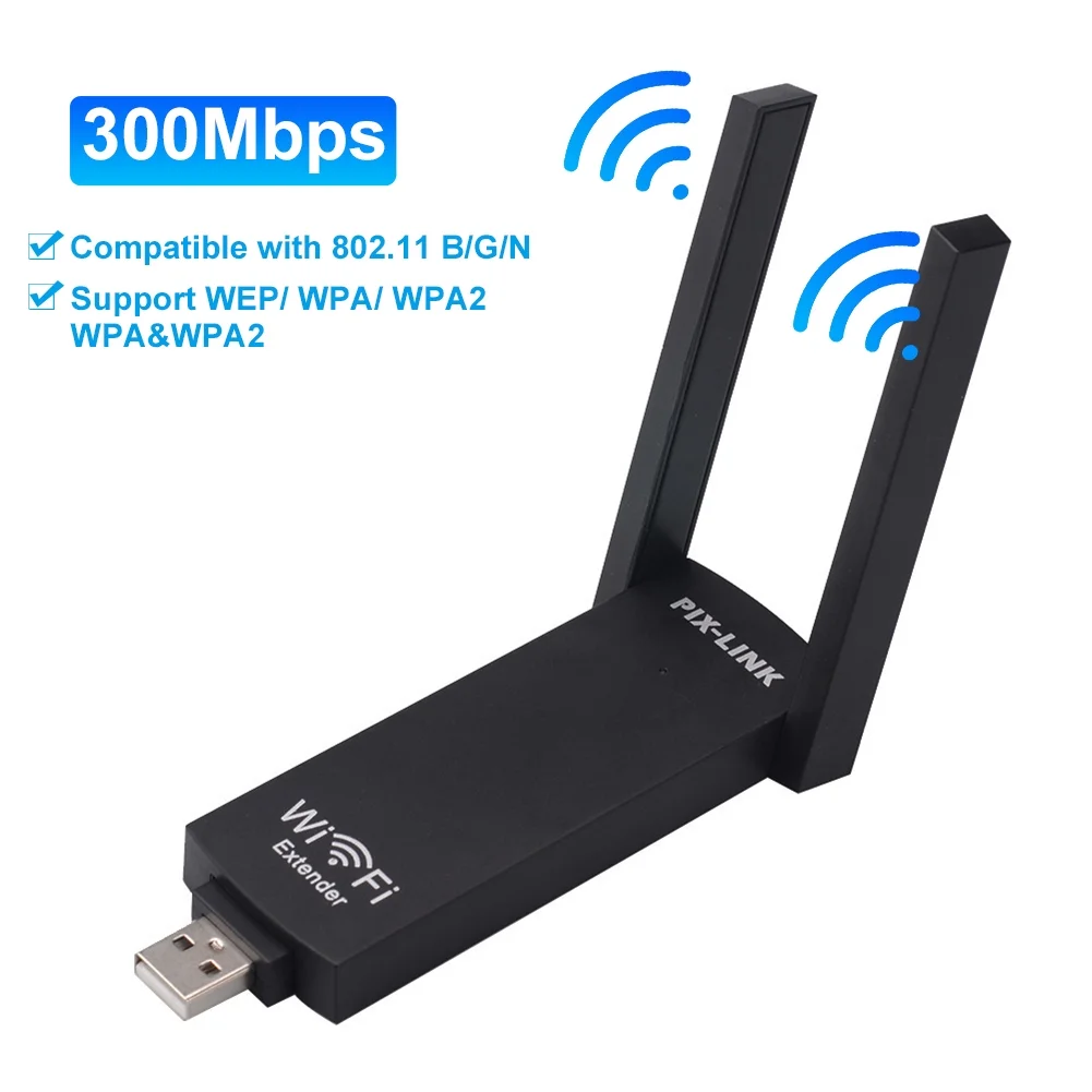 PIX-LINK ミニ USB WiFi エクステンダー 300Mbps 2.4G ワイヤレスリピーター デュアルアンテナ付き ポータブル信号ブースター テレビ/ノートパソコン用 UE02