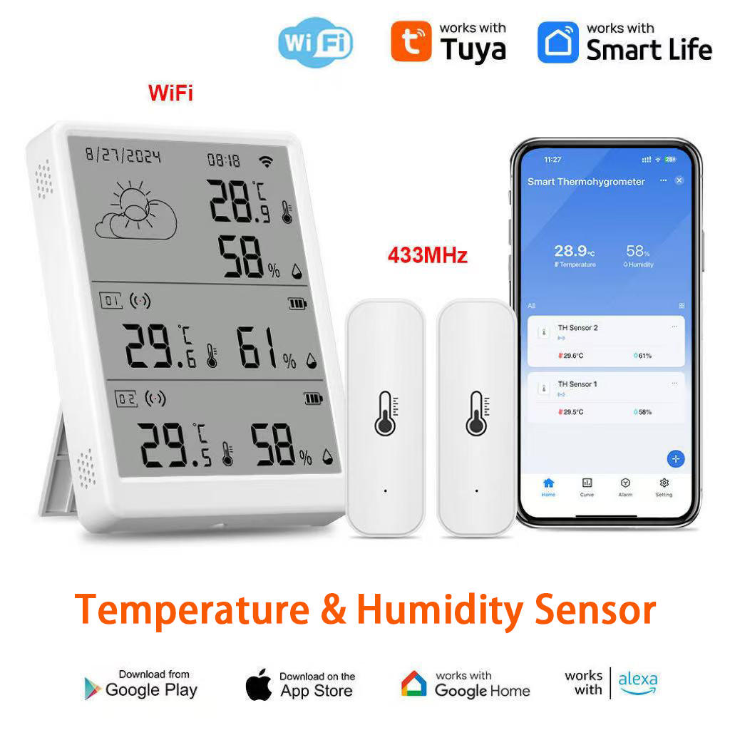 Tuya WiFi RF433 温度と湿度センサーセット画面表示モニター周囲温度計は Alexa Google ホームで動作します