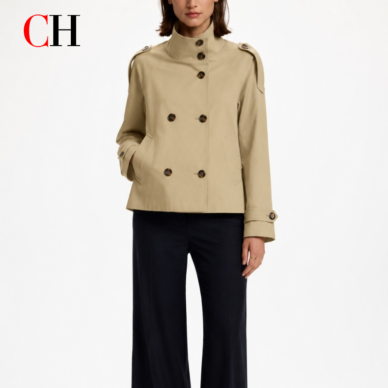 CH 女性 テーラード ダブルブレスト スタンドカラー クロップド トレンチ コート ショルダー ストラップ カフ バックル ビジネス 通勤 レイヤー アウター
