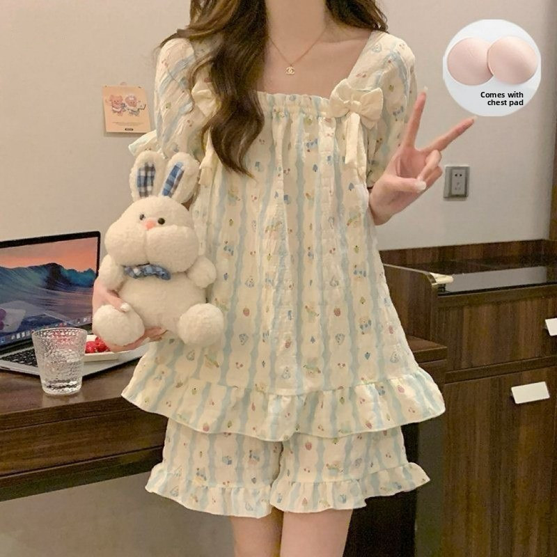 女性夏半袖パジャマセット内蔵ブラパッド付き甘い弓プリンセススタイルゆったり軽量ラウンジウェア