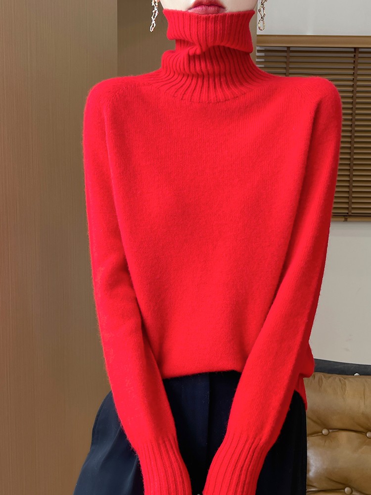 新しい秋冬の女性のピュアウールプルオーバーセーター、ハイネックニットセーター、韓国スタイルのファッショナブルな厚手のニットトップ