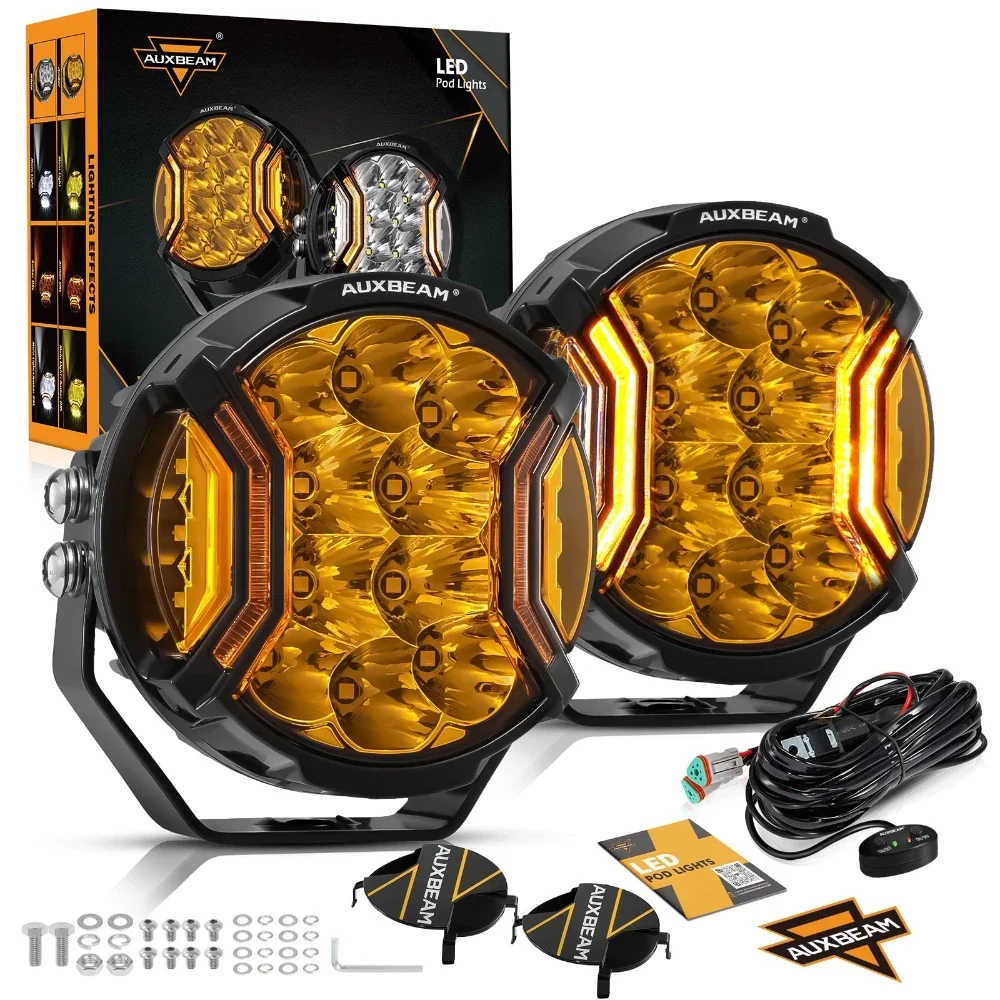 AUXBEAM LED ドライビングライト 3/5/7 インチスポットフラッドコンボワークライトポッドアンバー DRL 配線ハーネス付き
