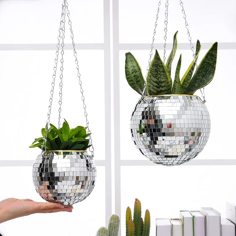 ディスコボール ハンギングフラワープランター - ボヘミアンロープミラーバスケット 屋内植物、庭用