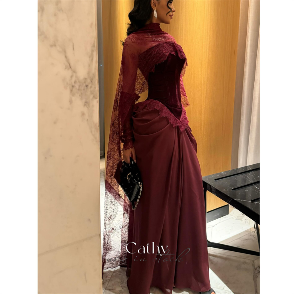 Cathy カスタマイズされたブルゴーニュレースショールベルベットハイネックウエディングドレス A ライン長袖 Vestidos de noiva フロアレングスフォーマル 2025