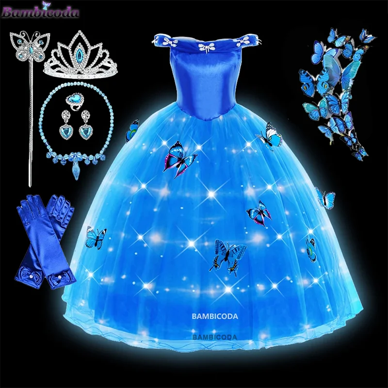 女の子 LED ライトアップシンデレラプリンセスコスプレドレスガールボールガウンバタフライカーニバルチュチュメッシュ服誕生日用