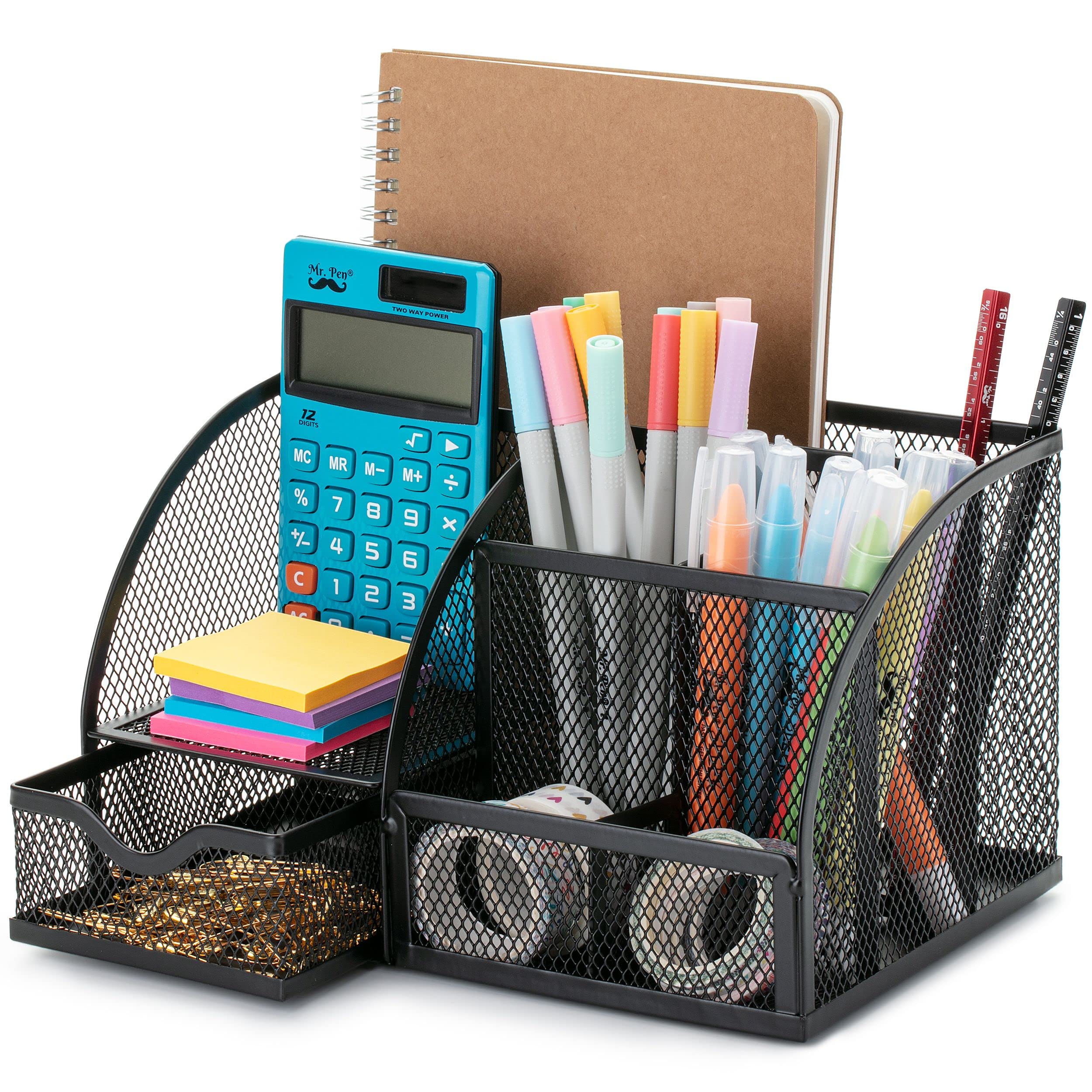 Hot Selling Mesh Desk Organizer Multi-Functional Caddy Pen Holder with 6 Compartments and Drawer for Office Supplies