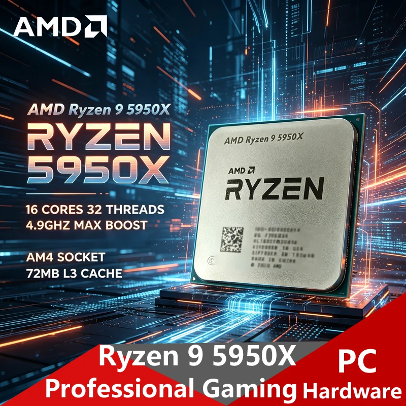 AMD Ryzen 9 5950X Zen3 AM4 ゲーミング CPU、16 コア 32 スレッド、4.9GHz ブースト 72MB キャッシュ 105W トレイチップデスクトップビルド用クーラーなし