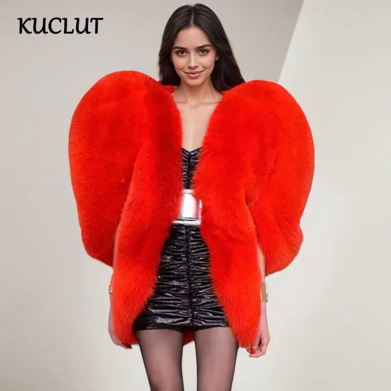 KUCLUT ファッションソリッドカラーフェイクファー赤愛 3D ハートショール暖かいコート女性のための多用途ハイエンドジャケット女性 1A950