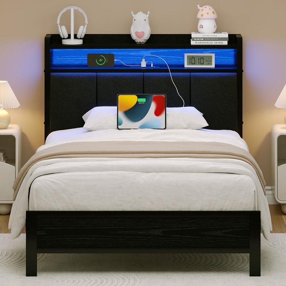 LEDライトと充電ステーション付きツインベッドフレーム、布張りの収納ヘッドボード付きメタルプラットフォームベッドフレームツイン、カスタマイズ