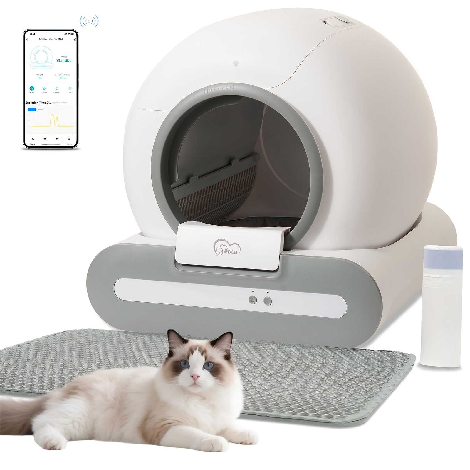 DOEL 65L 自動洗浄猫用トイレ アプリコントロール、トイレマット付き 2.4G WiFi のみをサポート