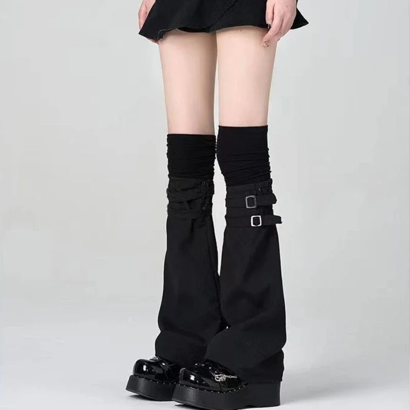 サブカルチャー原宿女性スウィートロリータ Y2K ガールレザーバックル黒、白ホーンハイチューブ膝上靴下保温レッグウォーマー