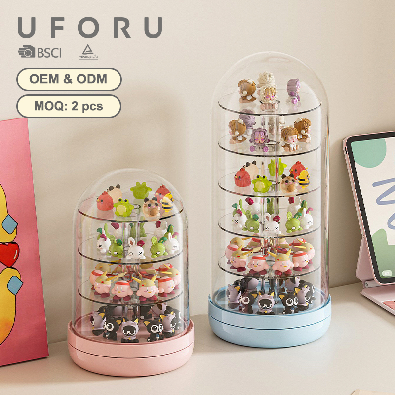 Uforu 透明回転ブラインドボックスディスプレイボックス、カバー付き多層大容量棚、ホームデスクトップ用オーガナイザー