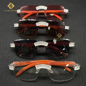 バルク在庫の天然木製寺院モチーフ モザンビーク産石 メガネ ファッショナブルなヒップホップジュエリー バゲットカット ラボダイヤモンド メンズサングラス