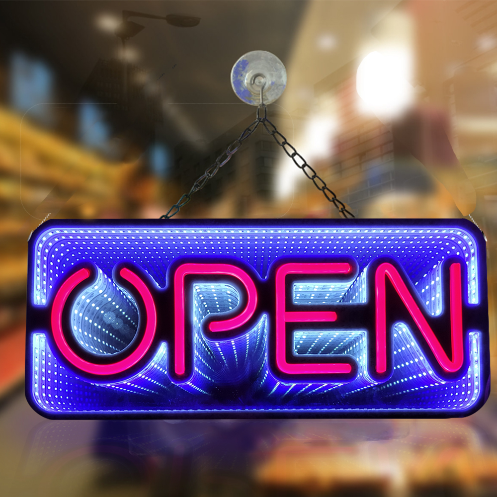 3D ミラーネオンオープンサイン 48x20cm ピザコーヒーバー店用両面 LED ライト - カラフルな背景無限トンネルライト