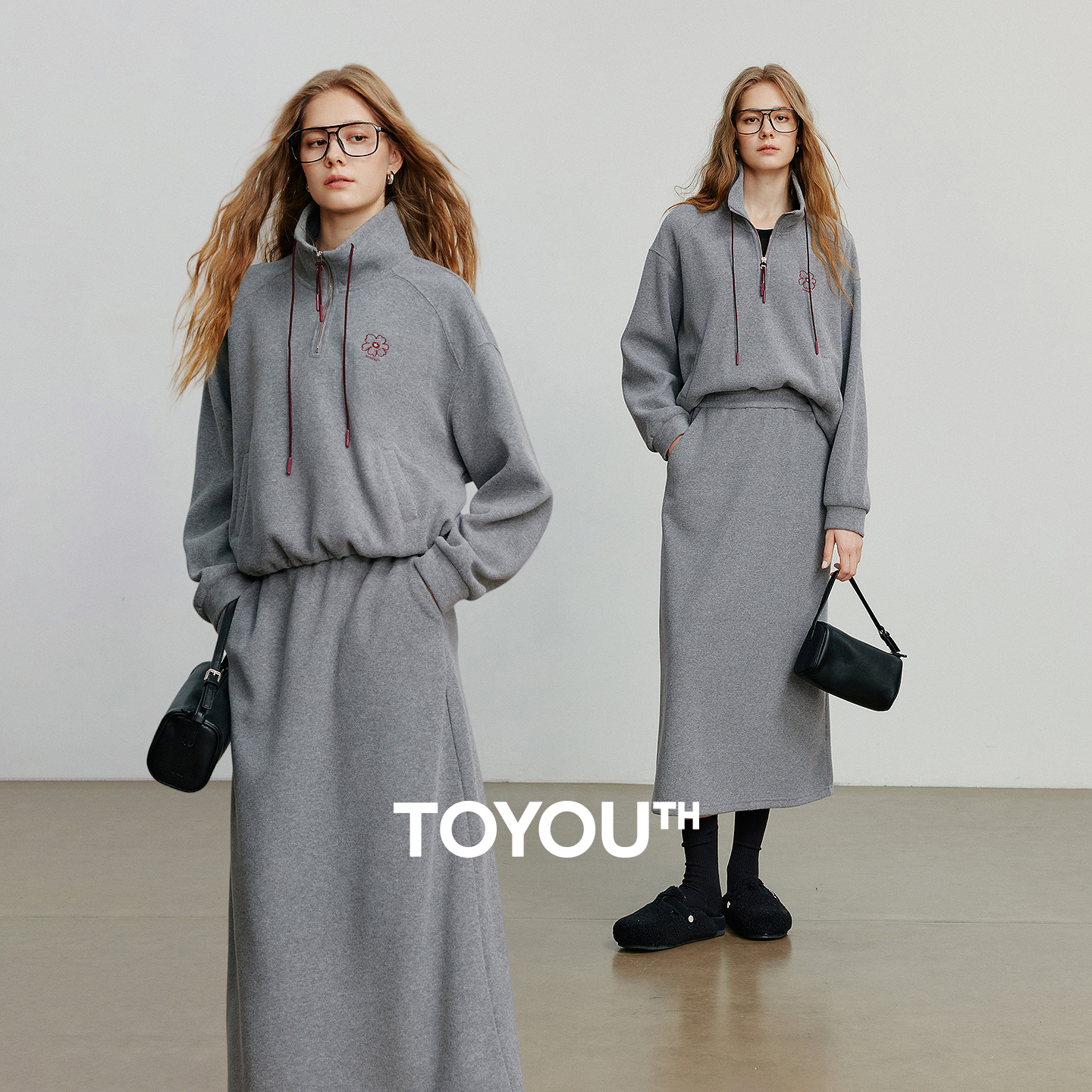 TOYOUTH Women Hoodie & Midi Skirt 2025 Autumn NewAsymmetric Terry Cotton Fleece Casual Two-Piece Set