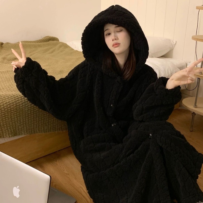 黒ローブ女性のためのパジャマ冬寝間着ナイトウェア暖かいフリースパジャマワンピースネグリジェフード付き睡眠ホームウェア