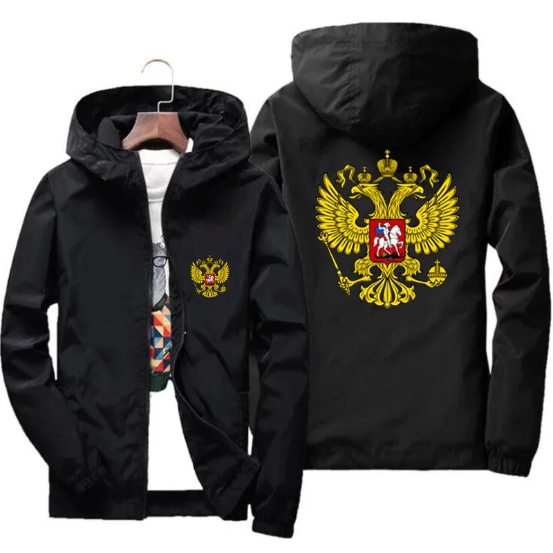 春と秋のメンズロシアイーグルオートバイカジュアル薄型フロントガラス防風スプリングコートジッパーフード付きジャケットプラスサイズ 7XL