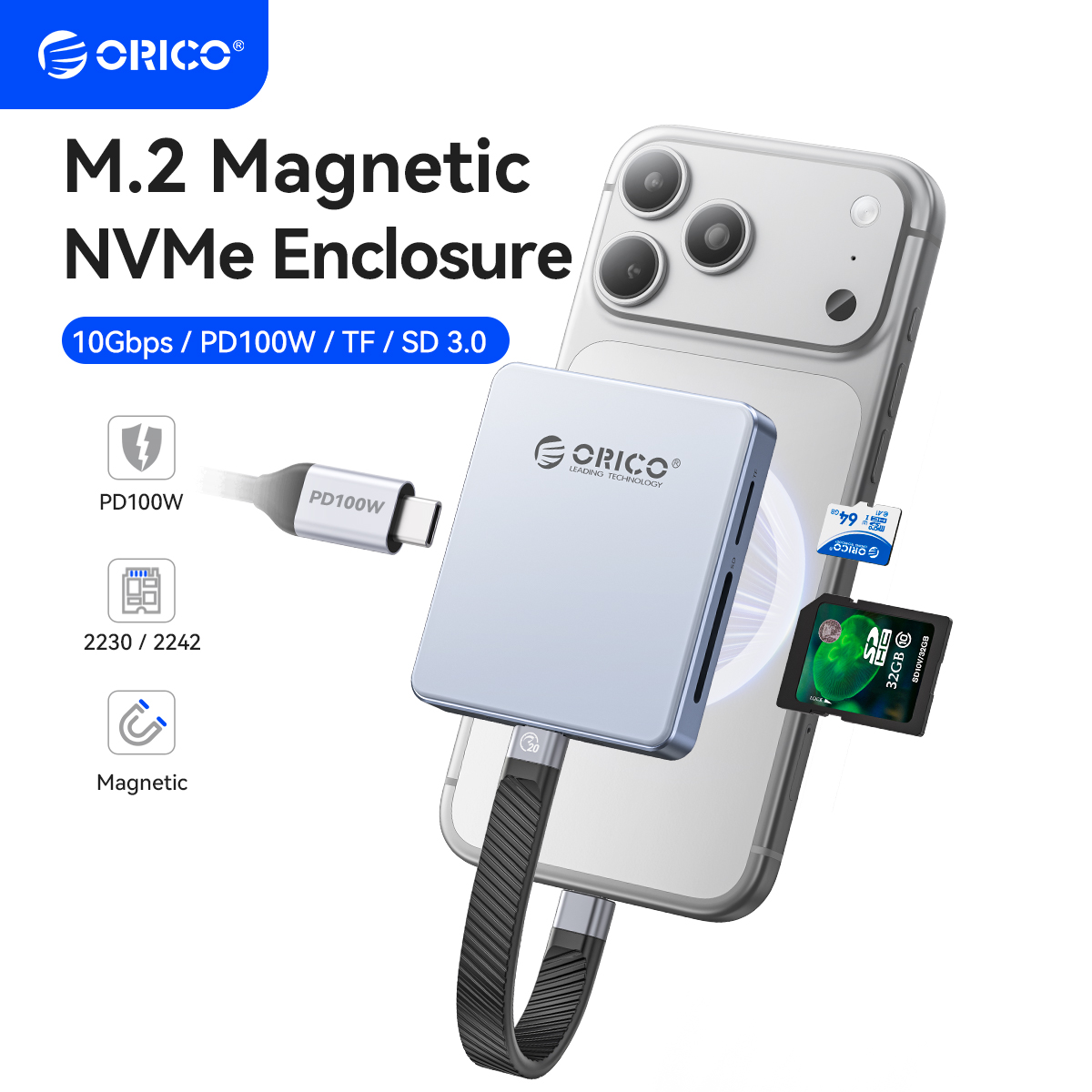 ORICO 磁気 M.2 2230/2242 NVMe SSD エンクロージャ iPhone 4K ProRes 記録 SD/TF 3.0 カードリーダー PD100W 充電ポート