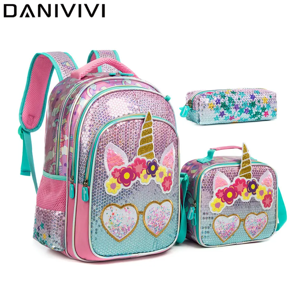 ユニコーン バックパック 女の子用 16インチ スパンコール バックパック スクールバッグ 女の子用 Mochilas Colegio Infantil ランチボックスセット付き スクールバッグ