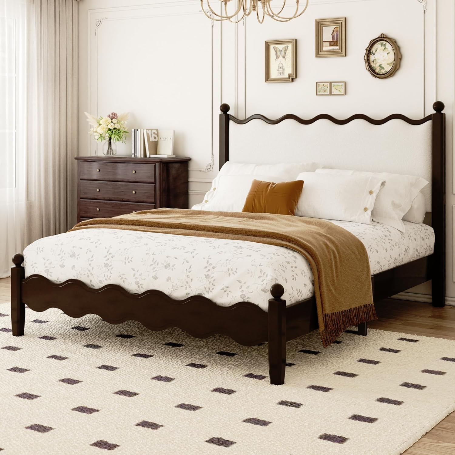White Queen Upholstered Bed Frame 48in High Wave Headboard No Box Spring Needed Easy Assembly, Customized