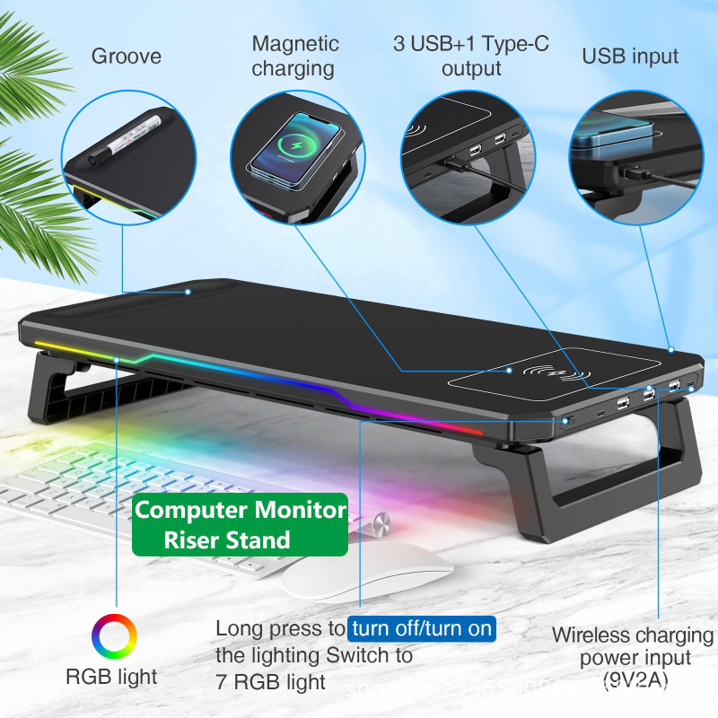 ワイヤレス充電コンピュータスタンド RGB ライトモニタースタンドオフィスドッキングステーション多機能折りたたみデスクトップオーガナイザー
