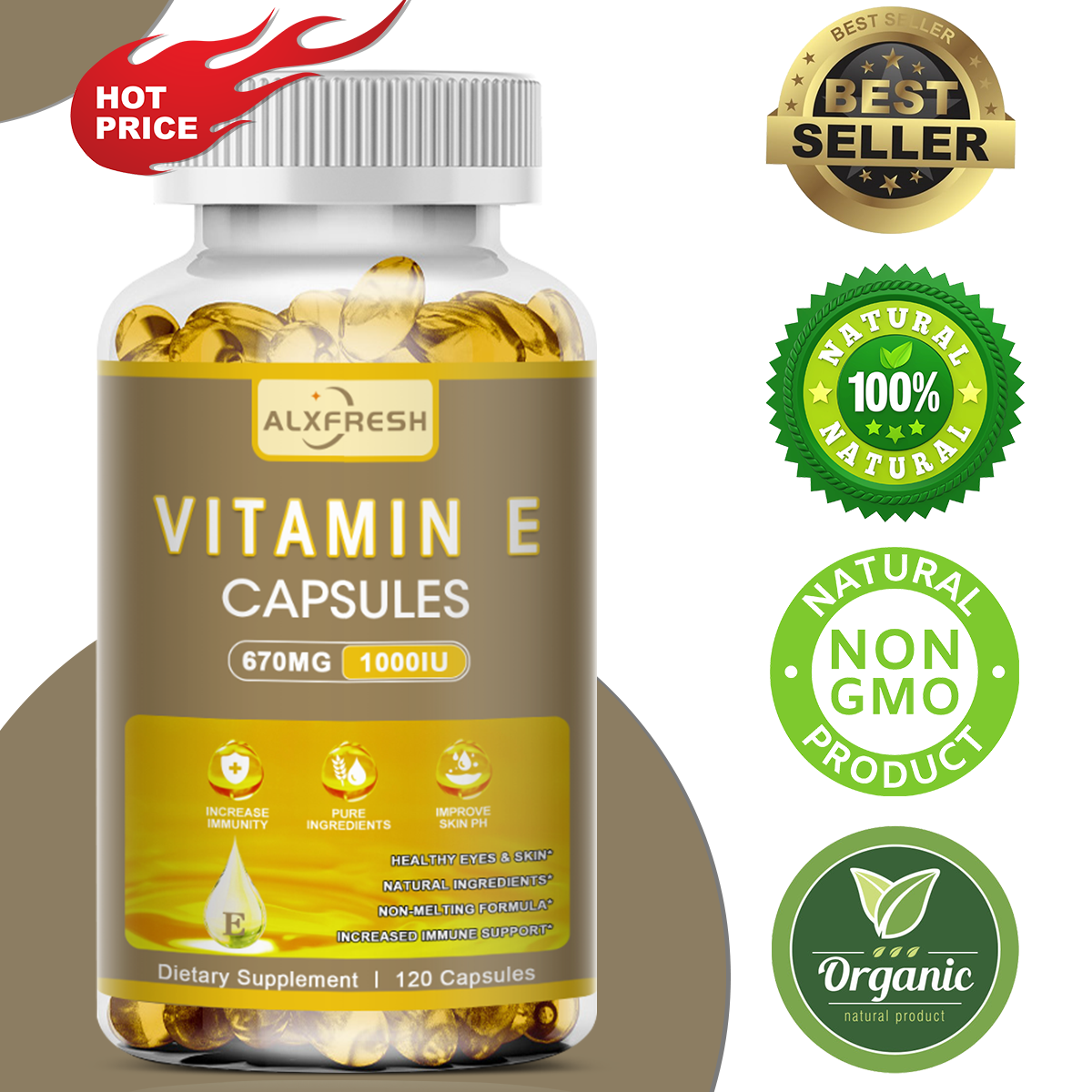 Alxfresh ビタミン E 670 mg (1000 IU) 栄養補助食品 - 天然の抗酸化物質が細胞呼吸をサポート