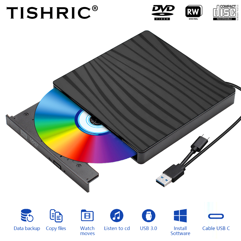 TISHRIC タイプ C USB 3.0 外部 CD および DVD プレーヤー RW DVD CD ライタードライブバーナーリーダー外部 DVD CD ドライブラップトップデスクトップ用