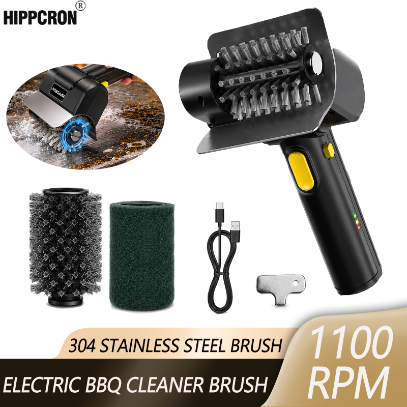 Hippcron 充電式電気グリルブラシ 1100 RPM – 304 ステンレス鋼バーベキュークリーニングツール人間工学に基づいた滑り止めハンドル