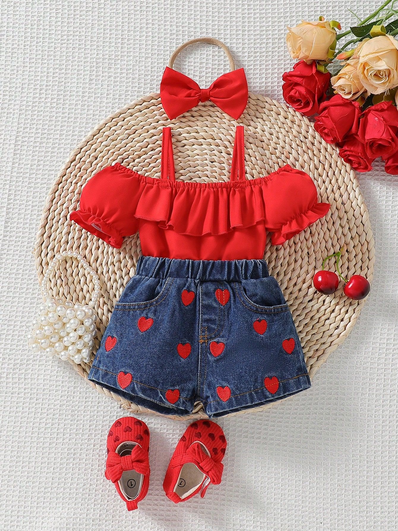 女の赤ちゃんセット服 2 ピース新スタイル低価格サスペンデッドランタンスリーブ刺繍デニムショーツ女の子セット夏用