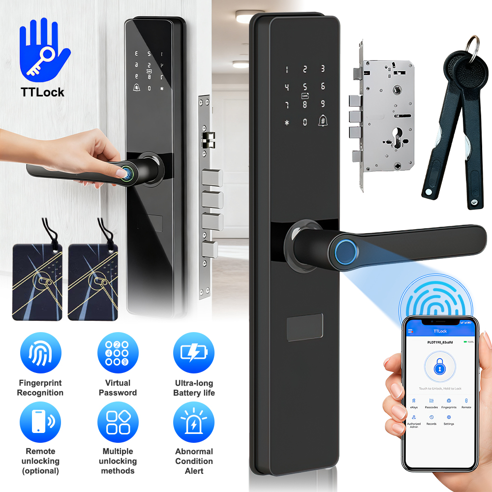 スマートドアロック TTLock アプリ指紋パスワード RFID カードリモートロック解除 5-in-1 キーレスエントリーホームオフィスアパートセキュリティ用