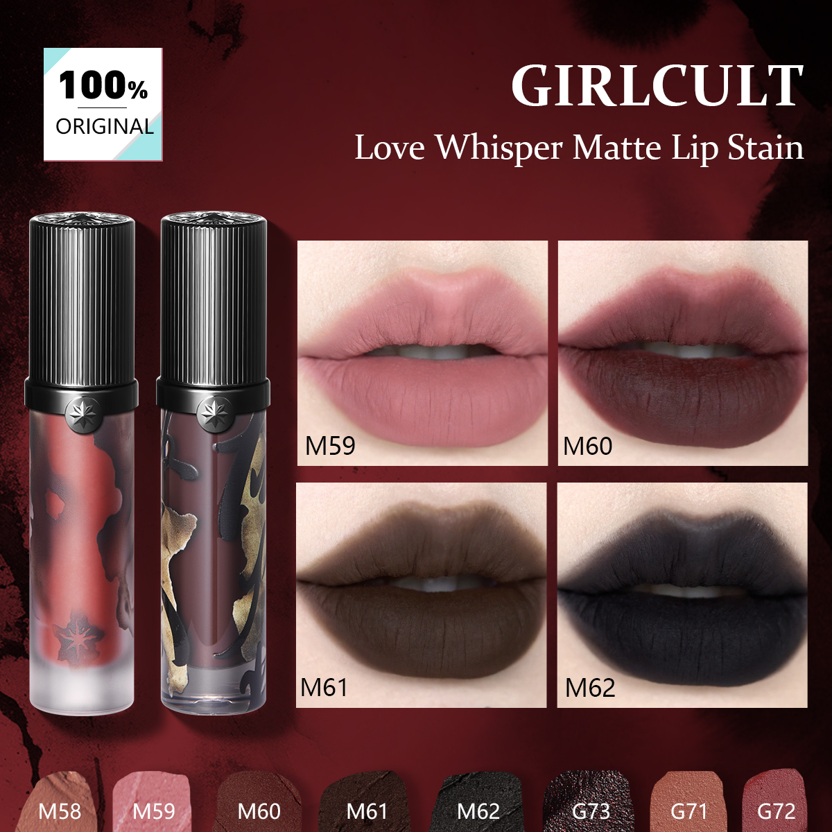 Girlcult Love Whisper マット リップ ステイン、ベルベット マット テクスチャ、軽量非乾燥、ソフトフォーカス マット仕上げ、エッジーなメイクアップ ルックス、ギフト