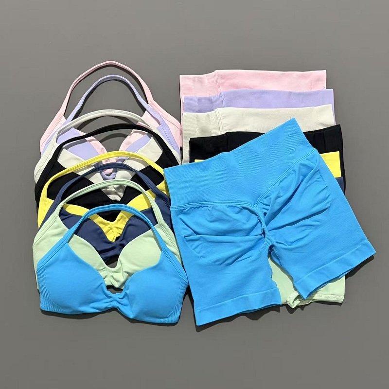 HISTELLO スポーツセット 2 ピース女性ストラップジムヨガブラトレーニングうずくまるショーツフィットネススポーツスーツ服シームレスヨガセット