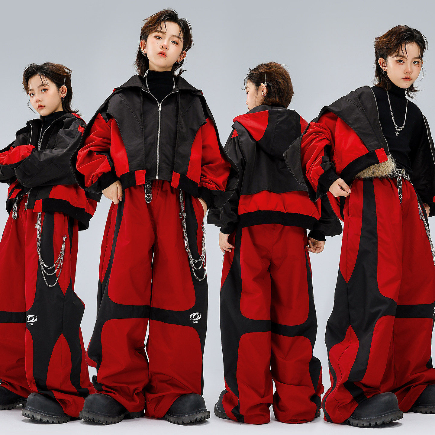 Kid Kpop Hip Hop Clothing Black Zip up Short Hoodie Jacket Top Red Casual Wide Pants for Girl Boy Street Dance Costumes Clothes