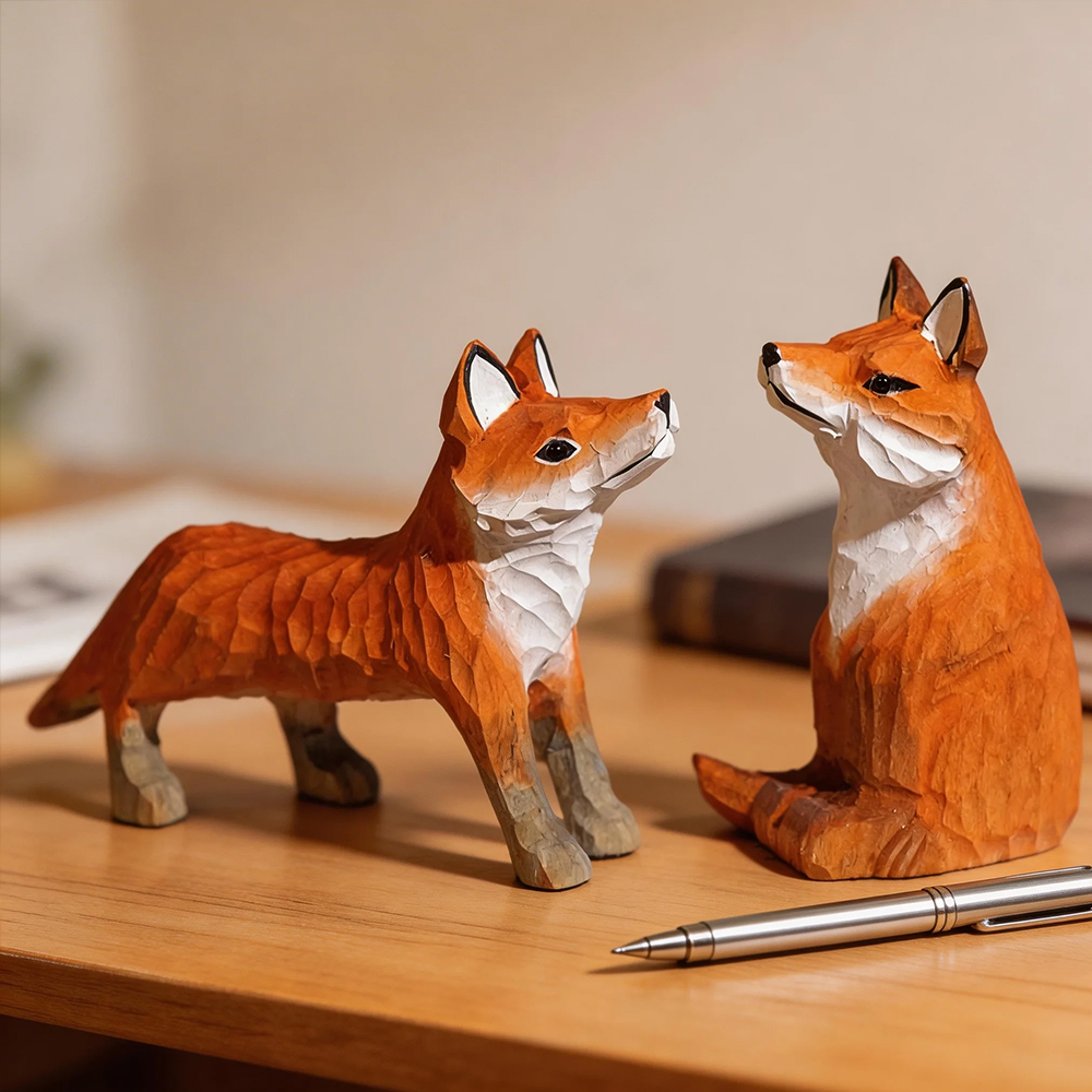 手作り木彫りキツネの像かわいいキツネの置物デスクオーナメント装飾アクセサリー動物の彫刻家の装飾工芸品