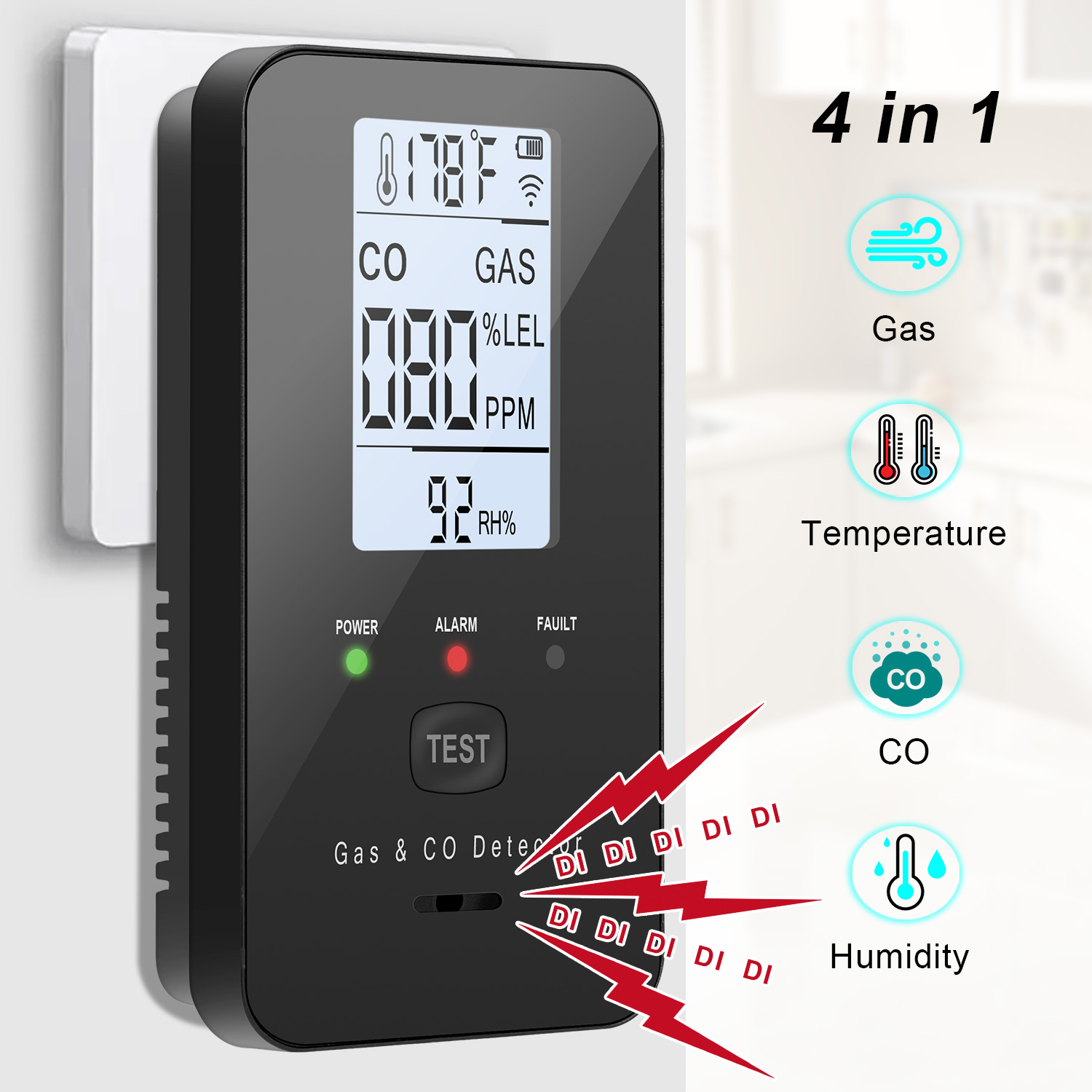Natural Gas & Carbon Monoxide Detector, Plug in Carbon Monoxide Alarm,Propane,Methane,4-in-1 Combustible Gas & CO Detector Alarm