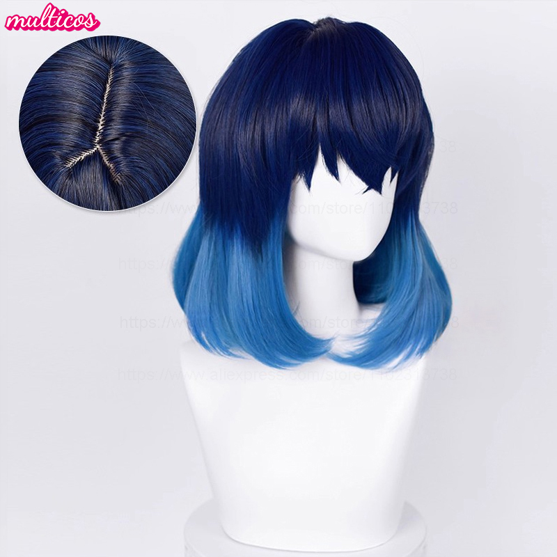 高品質アニメ嘴平伊之助コスプレウィッグ 40 センチメートルショートブルーグラデーション耐熱人工毛ハロウィンパーティーウィッグ