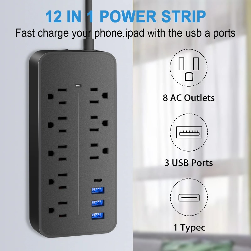 電源ストリップ米国プラグ AC コンセントマルチタップコンセント延長コード USB C ポート急速充電ネットワークフィルターアダプタ