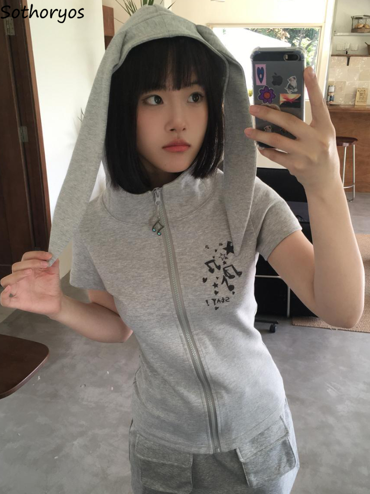 Y2k フード付きジャケット女性かわいいウサギの耳 Hotsweet ガールズ半袖アウター夏のファッションストリートレジャーオールマッチ