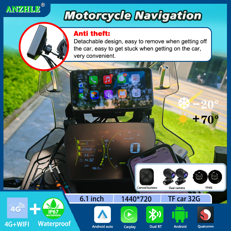 6.1 インチオートバイ GPS ナビゲーション IP67 防水ワイヤレス Carplay 自動デュアル記録 BT タッチとレンズモトポータブルスクリーン